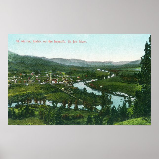 Flygvy över staden vid floden St. Joe Poster (Framsidan)