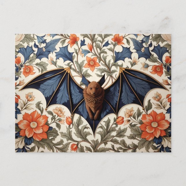 Flying Bat William Morris Inspired Floral Vykort (Framsida)