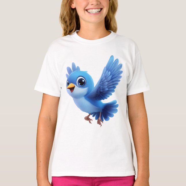 Flying Blue Bird – Flappy Cartoon Character Kids  T Shirt (Framsida)