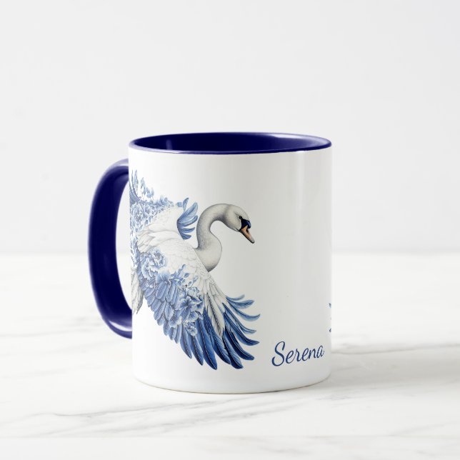 Flying Blue Swan Floral Monogram Mugg (Framsida vänster)