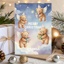 Flying Christmas Teddy Bears Kids Card Helgkort