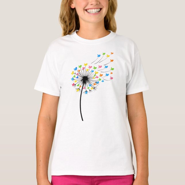 Flying colorful birds dandelion flow t shirt (Framsida)