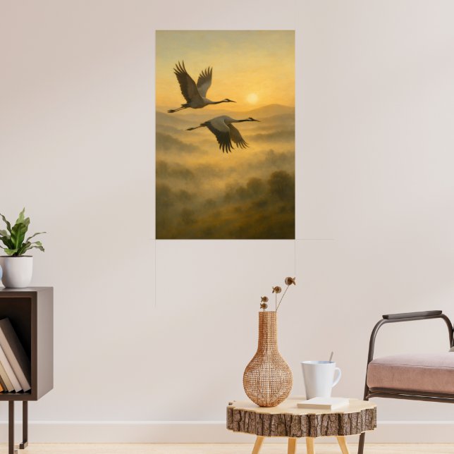 Flying Cranes at Sunset – Serene Nature Wall Art Poster (Vardagsrum 3)