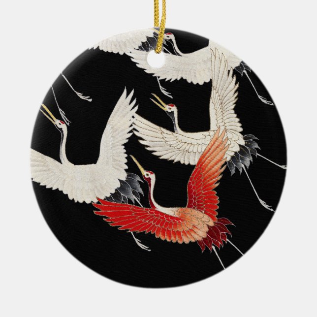 Flying Cranes Japanese Bird Kimono Art Julgransprydnad Keramik (Framsidan)