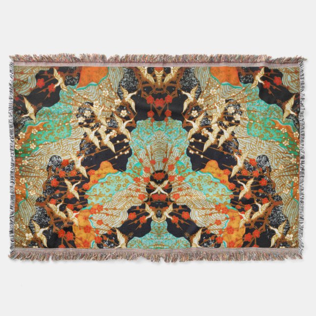 FLYING CRANES WITH VÅR BLOMMOR Japansk Blommigt Filt (Framsidan)