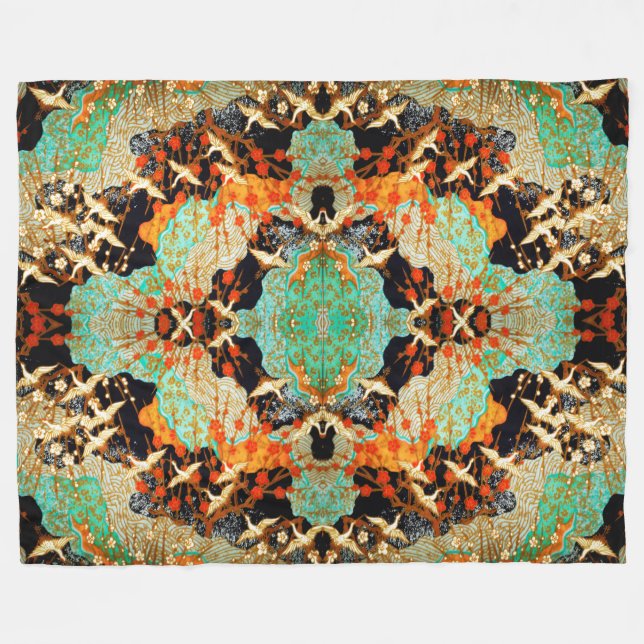 FLYING CRANES WITH VÅR BLOMMOR Japansk Blommigt Fleecefilt (Framsidan (Horisontell))