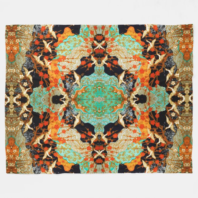 FLYING CRANES WITH VÅR BLOMMOR Japansk Blommigt Fleecefilt (Framsidan (Horisontell))