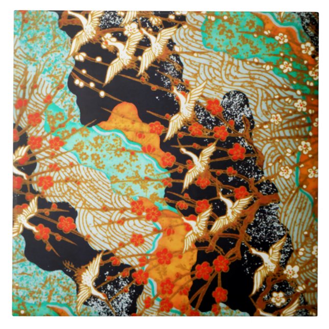 FLYING CRANES WITH VÅR BLOMMOR Japansk Blommigt Kakelplatta (Framsidan)