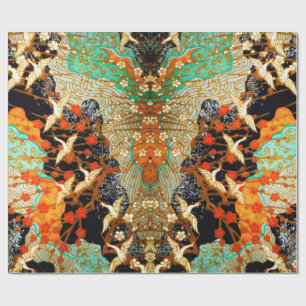 FLYING CRANES WITH VÅR BLOMMOR Japansk Blommigt Presentpapper