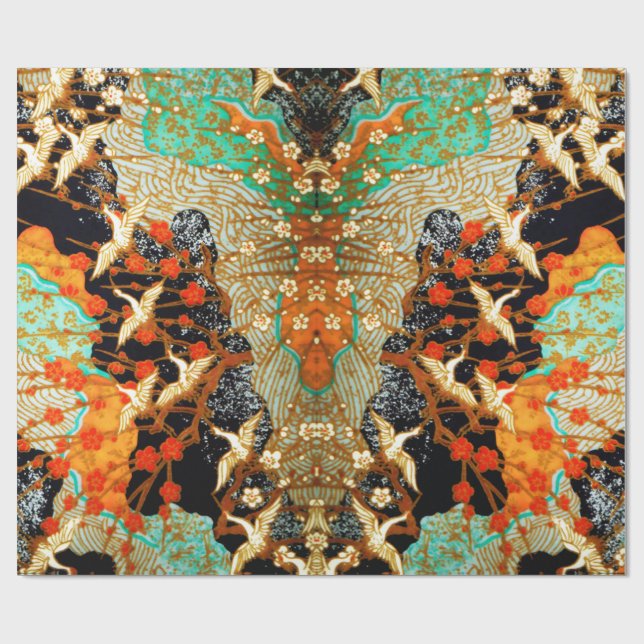 FLYING CRANES WITH VÅR BLOMMOR Japansk Blommigt Presentpapper (Platt)