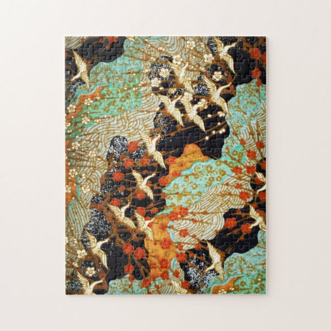 FLYING CRANES WITH VÅR BLOMMOR Japansk Blommigt Pussel (Vertikal)