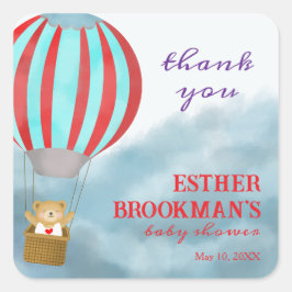 Flying Cute Cub in a Hot Air Balloon Baby Shower Fyrkantigt Klistermärke