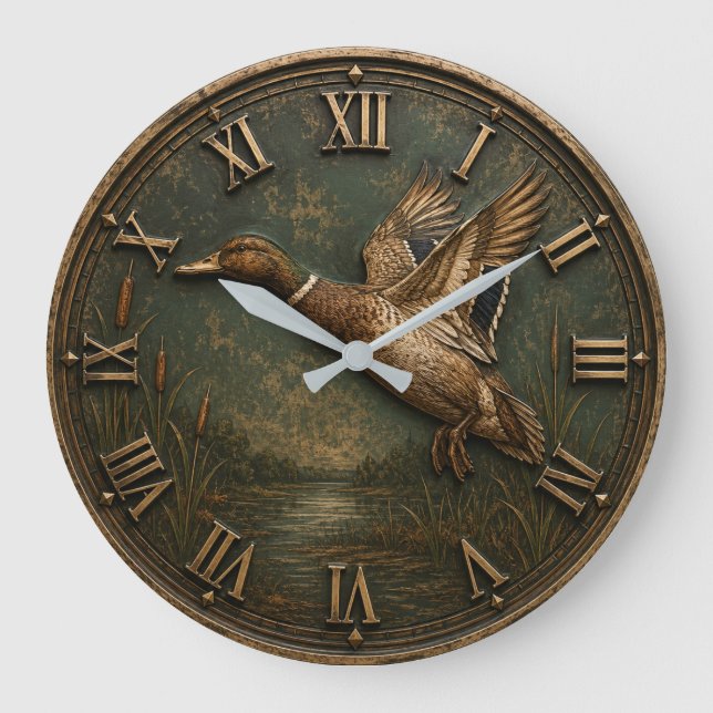 Flying Duck Rustic Waterfowl Hunting Cabin Decor Stor Klocka (Framsida)