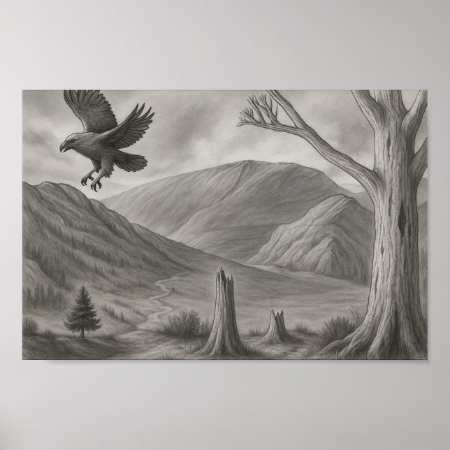 Flying Free – Monochrome Wilderness Sketch Art Poster (Framsidan)