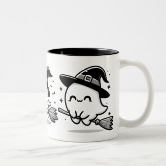 Flying Ghost Witch on Broom Halloween Mug | Double Två-Tonad Mugg