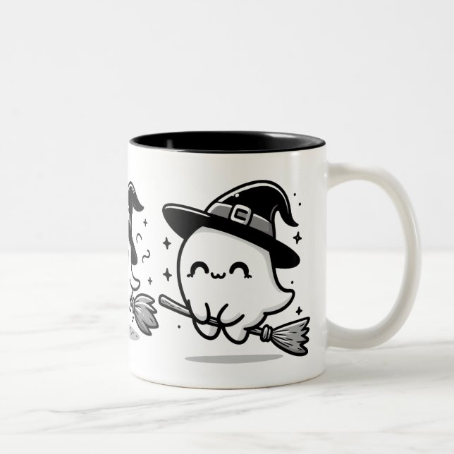 Flying Ghost Witch on Broom Halloween Mug | Double Två-Tonad Mugg (Höger)