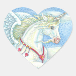 FLYING HEARTS UNICORN, PEGASUS HORSE STICKER Lakan Hjärtformat Klistermärke