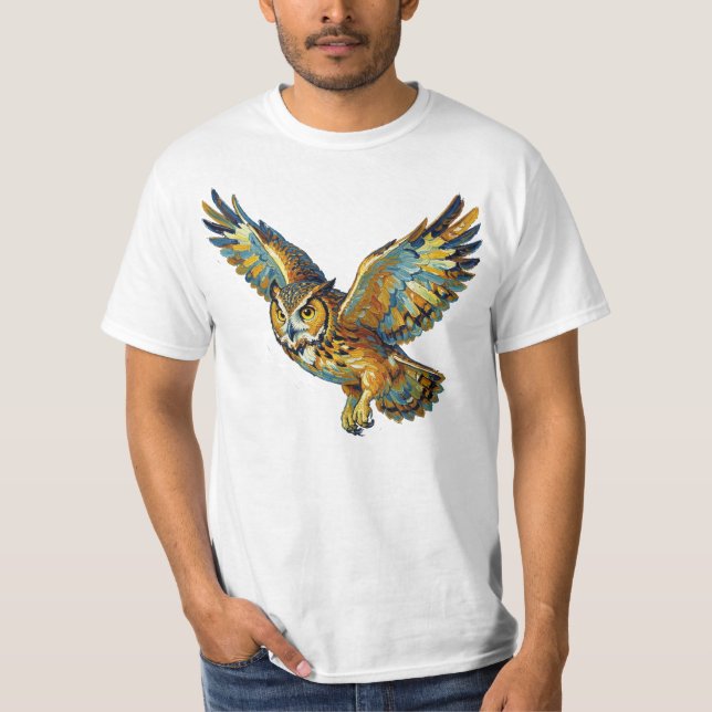 Flying Owl Abstract Colorful Brushstroke Art T Shirt (Framsida)
