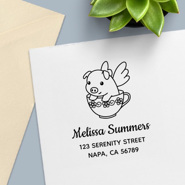 Flying Pig - Piglet with Wings in a Teacup Address Självfärgande Stämpel (Skapare uppladdad)