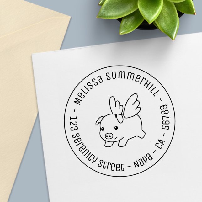 Flying Pig - Piglet with Wings Round Address 1 Självfärgande Stämpel (Skapare uppladdad)