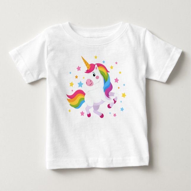 Flying Rainbow Unicorn With Stars T Shirt (Framsida)