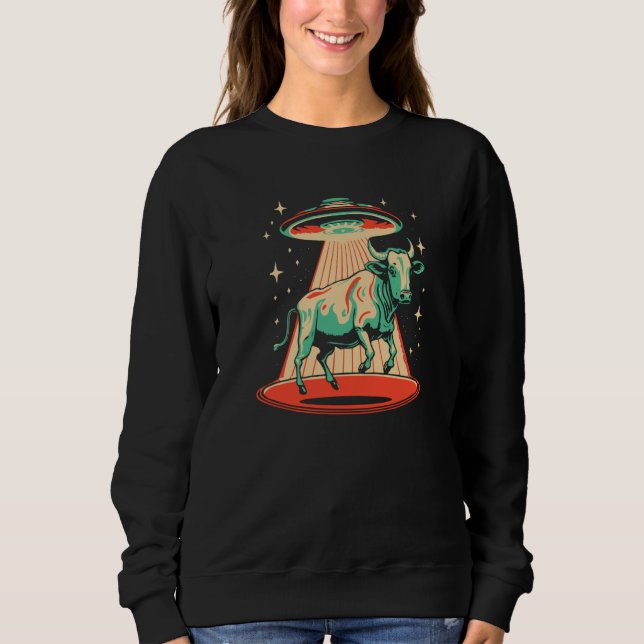 Flying Saucer UFO Cute Cow Abduction Retro 80s T Shirt (Framsida)