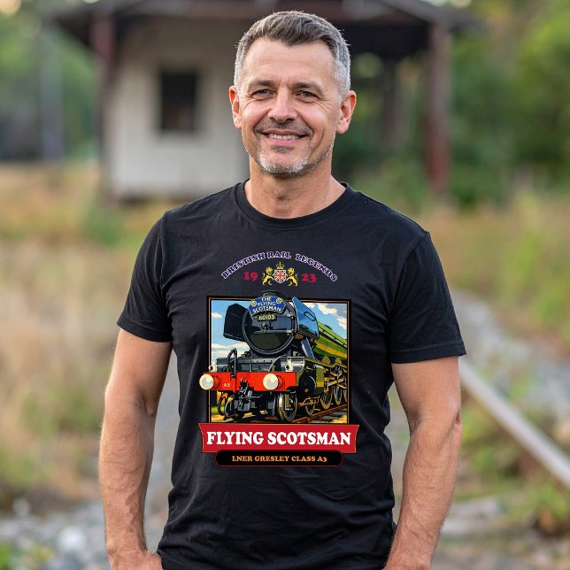 Flying Scotsman Ånglok Vintage Affisch T Shirt (Flying Scotsman Steam Locomotive Vintage Poster. Men Basic Black T-Shirt)