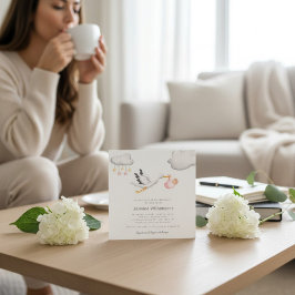 Flying Stork Clouds Stars Baby Shower Inbjudningar