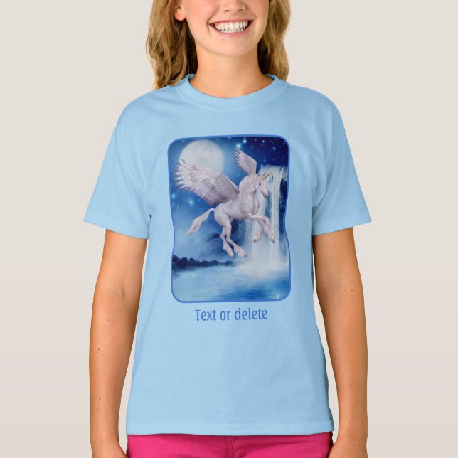 Flying Unicorn Waterfall Fantasy Horse Art T Shirt (Framsida)