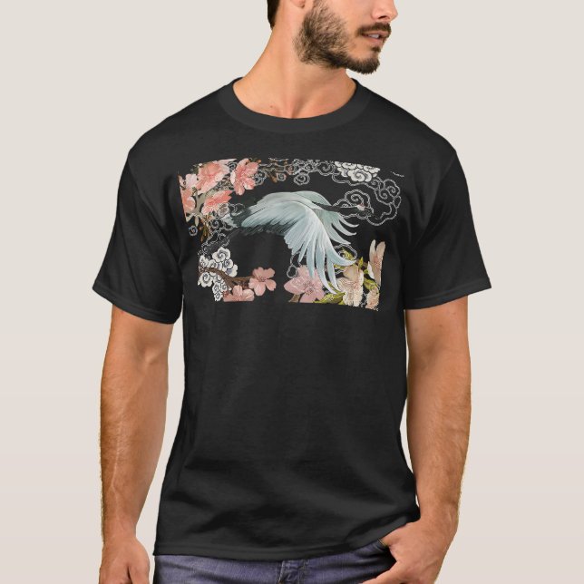 flying white Sandhill Crane Bird Japanese style ar T Shirt (Framsida)