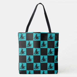 Flying Witch Black & Teal Checkered Tote Bag Tygkasse
