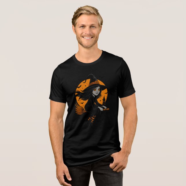 Flying Witch with Orange Moon Art T Shirt (Framsida Full)