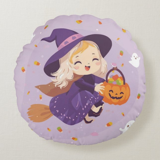 Flying Witch with Pumpkin Round Pillow Rund Kudde (Framsidan)