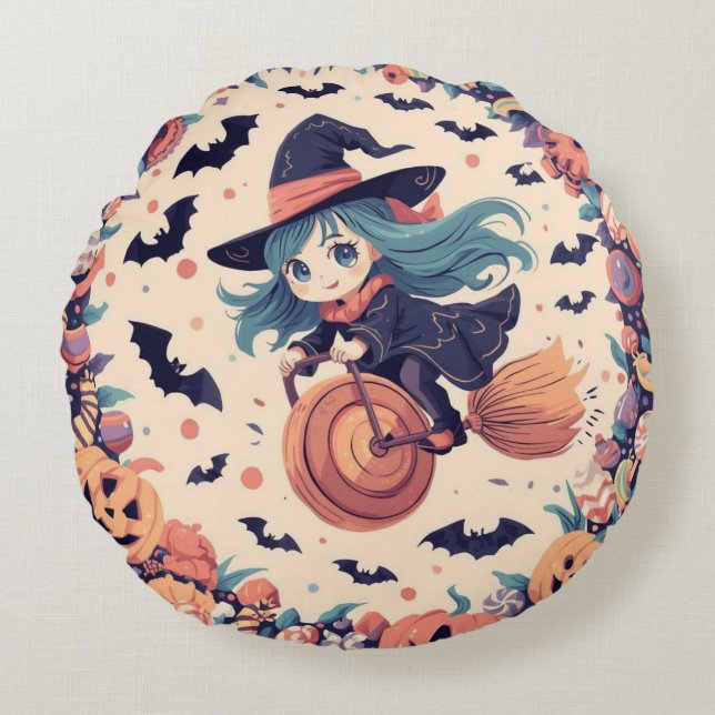 Flying Witch with Pumpkins Round Pillow Rund Kudde (Framsidan)