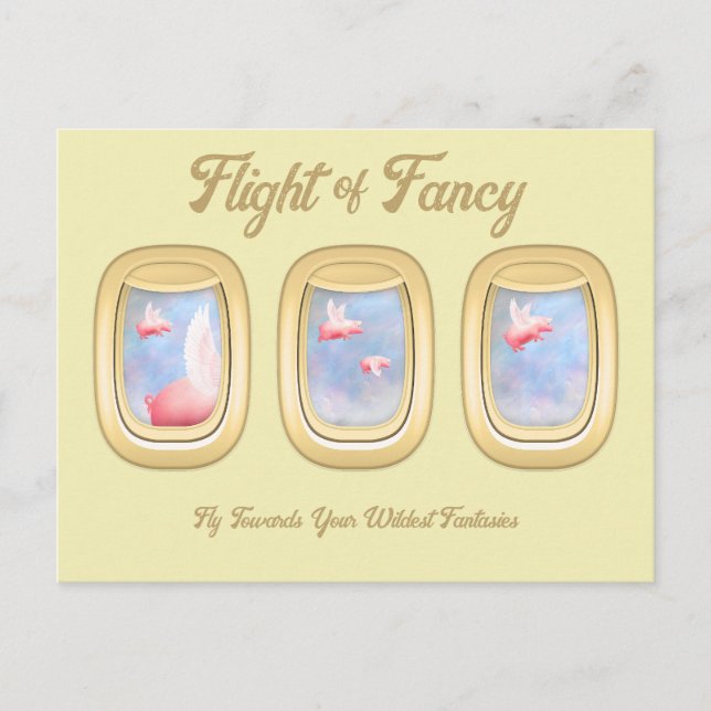 Flykt av fantasi-grisar som flyger förbi flygplans vykort (Framsida)
