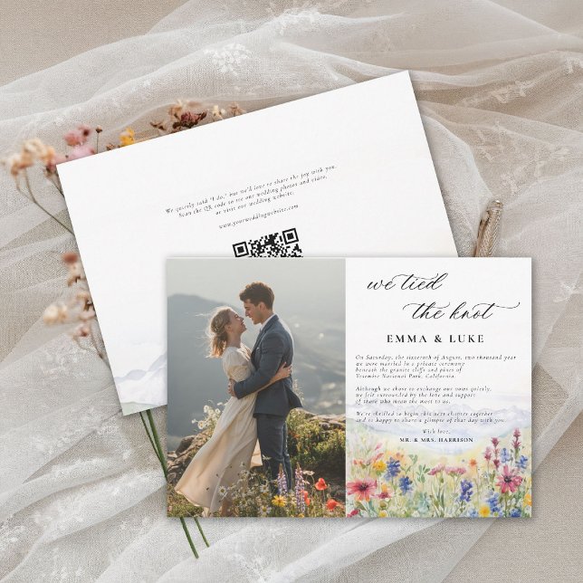 Flykt Blomster Berg Foto QR Bröllop Meddelande (elopement wedding announcement card qr code mountain wildflowers meadow watercolor photo qr modern)