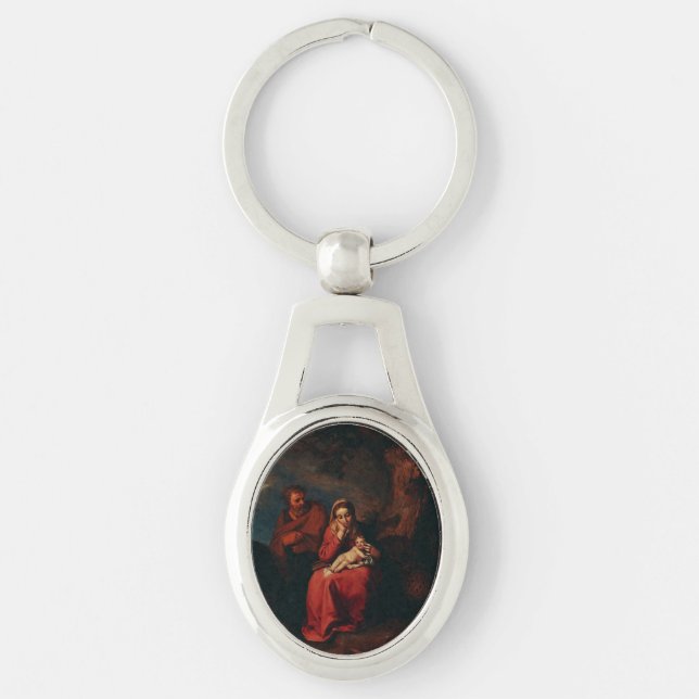 Flykten till Egypten av Abraham Bloemaert  Ovalt Silverfärgad Nyckelring (Framsidan)