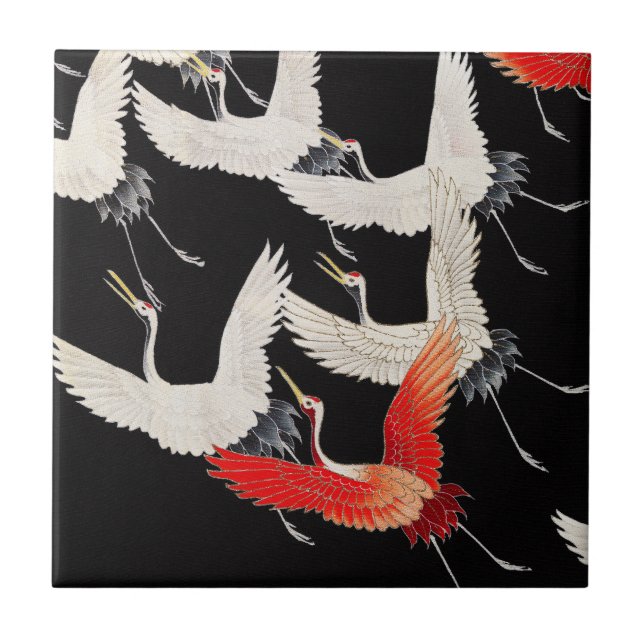 Flyktingtranes: Japansk Bird Kimono Art Kakelplatta (Framsidan)
