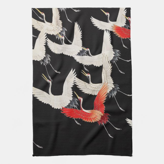 Flyktingtranes: Japansk Bird Kimono Art Kökshandduk (Vertikal)