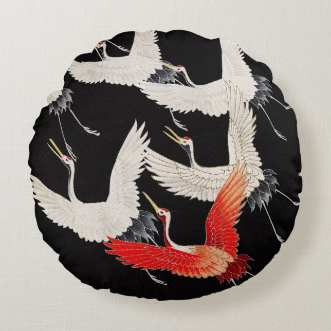 Flyktingtranes: Japansk Bird Kimono Art Rund Kudde (Framsidan)