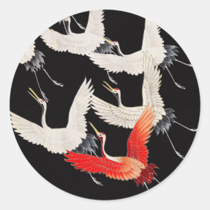 Flyktingtranes: Japansk Bird Kimono Art Runt Klistermärke