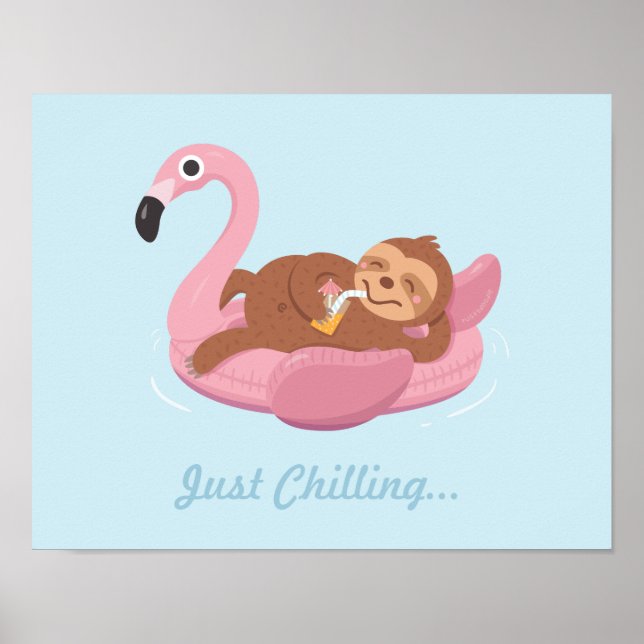 Flyt Skriv ut Cute Lazy Sloth på Rosa Flamingo Poster (Framsidan)