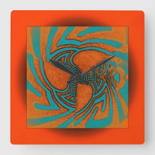 Flyta abstrakt design i Orange med Aqua Fyrkantig Klocka