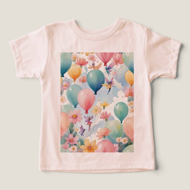 Flyta ballonger och magiska Älvor med blommor T Shirt (Design Framsida)
