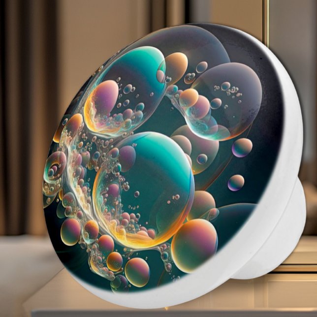 Flyta bubblor av keramiskt ursprung knopp (Ceramic Knob for Bathroom - Iridescent Teal, Pink, Yellow, Purple and Black Bubbles)