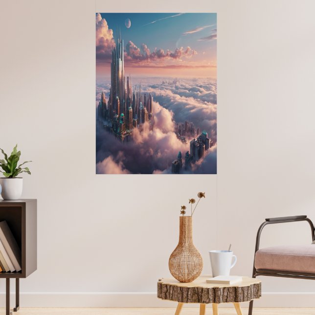 Flyta City Canvas Wall Art Surreal Dream Decor Poster (Vardagsrum 3)