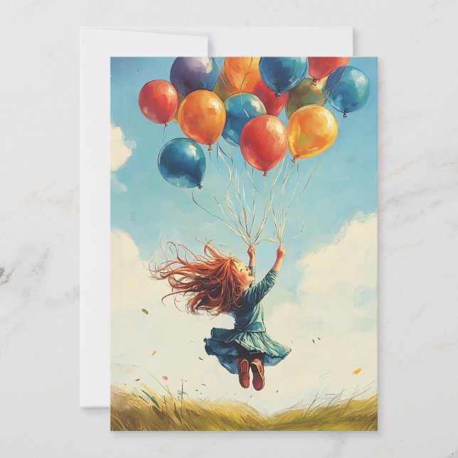 Flyta flicka med ballonger inbjudningar (Framsida)