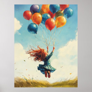 Flyta flicka med ballonger poster