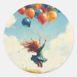 Flyta flicka med ballonger runt klistermärke