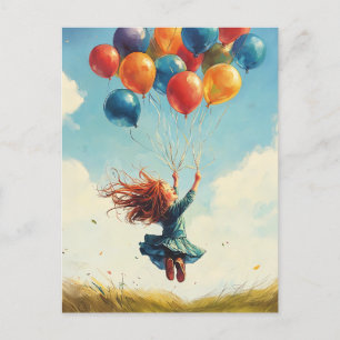 Flyta flicka med ballonger vykort